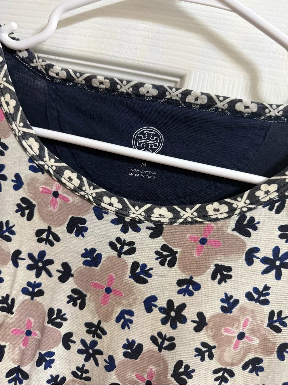 Tory Burch Cream Floral Long-Sleeve Blouse with Navy Trim